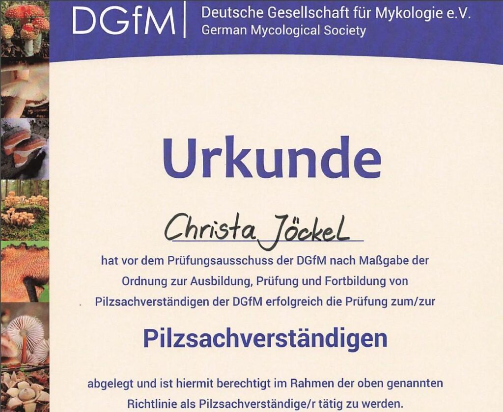 Über mich – Pilzsachverständige (DGfM) im Odenwald & an der Bergstraße 18 Urkunde Pilzsachverständige