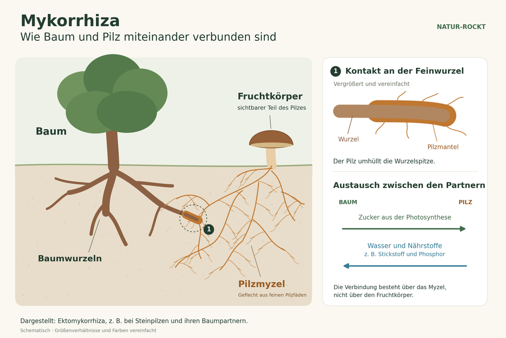 Das Wood Wide Web unter deinen Füßen – Mykorrhiza einfach erklärt 7 Schema der Ektomykorrhiza: Pilzmyzel umhüllt eine Baumwurzel; Pfeile zeigen den Austausch von Zucker, Wasser und Nährstoffen.